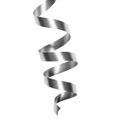 Single silver ribbon spiraling downwards against a black background metallic shiny