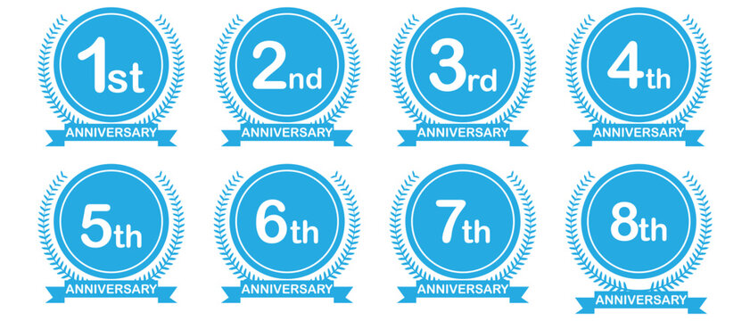 Anniversary Icon with laurel wreath of 1st, 2nd, 3rd, 4th, 5th, 6th, 7th, 8th icon set. Anniversary Icon, Anniversary Icon with laurel wreath.