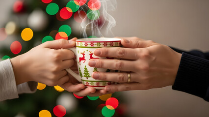 Festive Comfort: Two sets of hands tenderly hold a festive mug of steaming beverage, the warmth emanating like a comforting embrace against the backdrop of a Christmas tree.