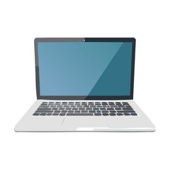 Modern silver laptop computer with a blank black screen and open keyboard isolated on a white background representing mobile technology and business communication for office network mobility