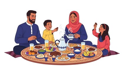 Joyful Muslim family celebrating a traditional festive meal together, sharing a spread of delicious food and drinks, embodying cultural togetherness and family values