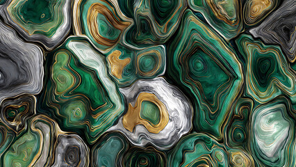 A high-resolution background blending the flat, overlapping geometric planes of Synthetic Cubism with the organic swirls of liquid marble textures in emerald green, gold, and charcoal grey.