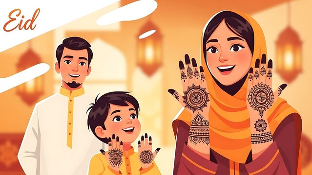 Joyful Muslim Family Celebrating Eid al-Fitr Festival with Traditional Henna Hand Art and Warm Cultural Togetherness