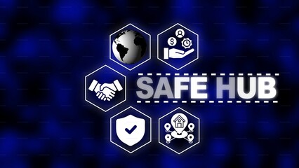 Safe Hub concept with interconnected icons and text on a dark blue abstract background security protection