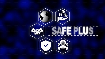 Safe Plus Concept with Security Icons and Global Network on Blue Background safety protection