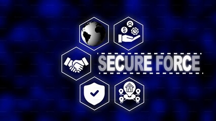 Secure Force Concept with Global Business and Security Icons on Blue Hexagonal Pattern Background image