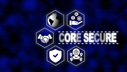 Secure Core System Concept with Global Icons and Text on a Dark Blue Textured Background network