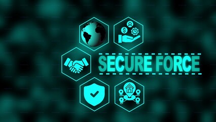 Secure Force concept with interconnected hexagons and icons on a dark background technology network