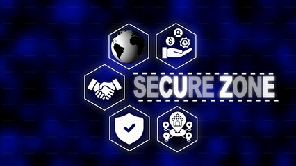 Secure Zone Hexagonal Icons Illustrating Global Safety Finance and Location on a Dark Blue Textured Background