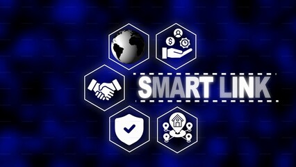 Smart Link concept with interconnected hexagons and icons representing global connectivity and business on a dark blue background