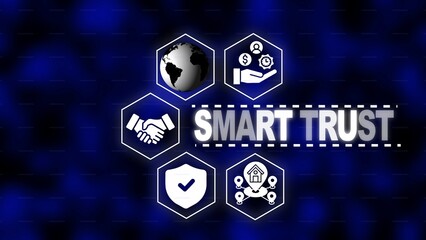 Smart Trust concept with interconnected icons and globe on a dark blue abstract background reliability