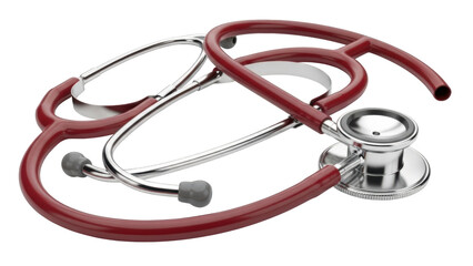 Two red and silver stethoscopes crossed on a black background medical health
