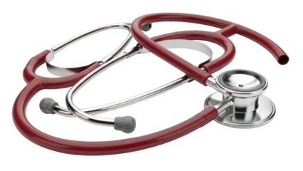 Two red and silver stethoscopes crossed on a black background medical health