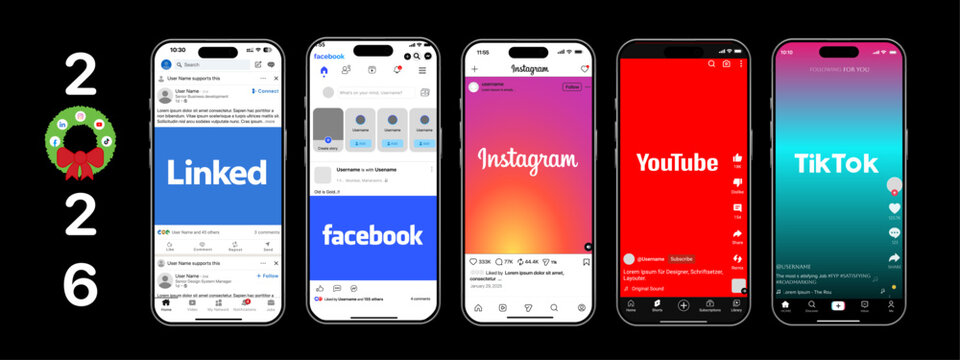 Instagram, YouTube, TikTok, linkdin UI mockup 2026. Instagram post, YouTube short, TikTok video frame 
