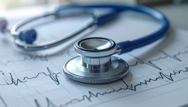 A stethoscope rests atop an ECG printout showing heart rhythms&mdash;evoking precision, care, and the quiet pulse of diagnostic insight in the realm of cardiovascular health and medical vigilance.
