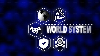 WORLDSYSTEM text with interconnected hexagonal icons representing global connection security and finance