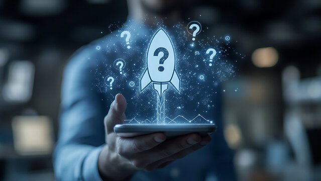 Hand holding a phone displays a rocket icon and question marks. The image suggests questions related to launching or uploading digital files. - Powered by Adobe