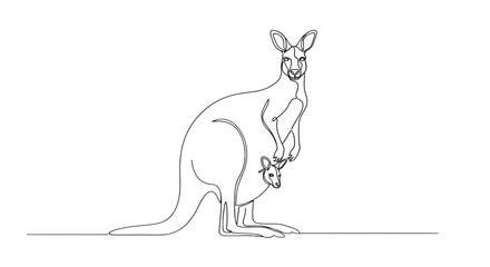 White outline kangaroo with joey in pouch on black background marsupial animal