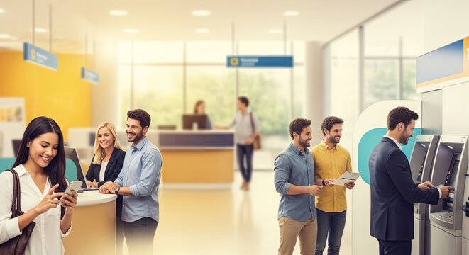 People in a bank or ATM line, with a woman in a white shirt and a man in a suit.