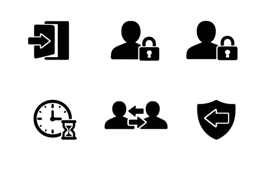 Account control and logout icon set with session management and security actions. Black flat vector icons for apps, dashboards, and modern UI design.
