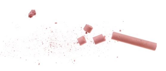 Broken red chalk with pieces flying, isolated on white background, clipping path, design, transparency