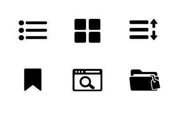 Fototapeta premium Content organization icon set with lists, grids, bookmarks, and search results. Black flat vector icons for apps, dashboards, and modern UI design.