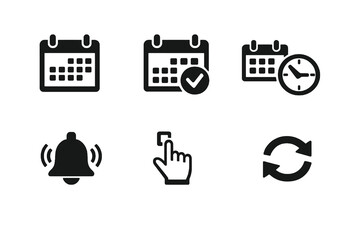 Calendar and scheduling icon set with events, reminders, and time planning symbols. Black flat vector icons for productivity apps, dashboards, and UI design.