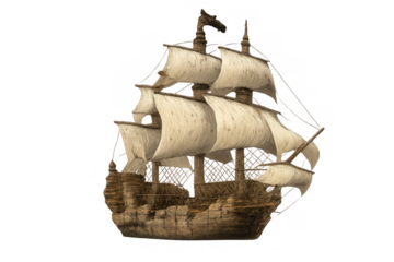 Old sailing ship with sails unfurled on a transparent background, symbolizing adventure, exploration, and historical voyages