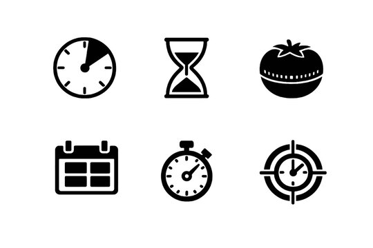 Time management icon set with focus, scheduling, and productivity control symbols. Black flat vector icons for productivity apps, planners, and professional UI design.