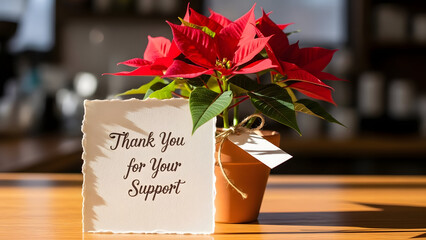 Appreciation Gift: A heartwarming composition featuring a vibrant red poinsettia plant in a decorative pot, positioned beside a handwritten card that conveys gratitude.