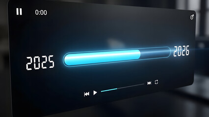 Progress Bar Visualization: A digital progress bar, showcasing the advancement from the year 2025 to 2026, offering a clear visual representation of time's progression and data's forward movement.