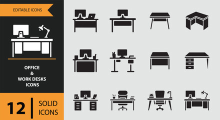 A collection of 12 solid icons depicting various office and work desks for digital design