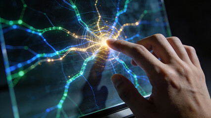 Human Hand Interacting with a Glowing Digital Data Network on a Transparent Screen