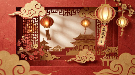 Festive Christmas greeting card with Santa Claus and decorative ornaments in red and gold colors