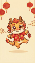 Cute Chinese New Year cartoon dragon dancing happily, chibi proportions, friendly smiling face, bright red and gold color palette