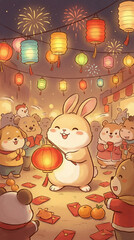 Cute cartoon toy rabbit celebrating Chinese New Year with festive decorations and a joyful holiday theme