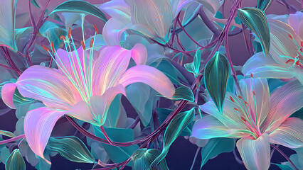 Elegant Art Nouveau whiplash curves and botanical lily patterns rendered in glowing 3D neon tubes with a vaporwave palette of soft pink, electric cyan, and deep purple.