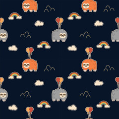 Sloth on the sky cartoon so cute. On cloud rainbow balloon mountain background. Pattern seamless vector illustration. 