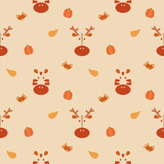 Face reindeer zebra cartoon so cute. On sock pumpkin leaf background. Pattern seamless vector illustration. Hello autumn. 