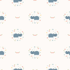 Hippopotamus cartoon so cute. On flower leaf background. Pattern seamless vector illustration. 