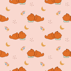 Bear sleeping cartoon so cute. On moon star meteor background. Pattern seamless vector illustration. 