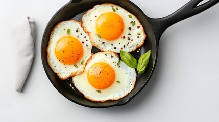 Morning breakfast featuring sunny eggs with basil and freshly cracked pepper seasoning