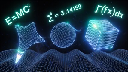 Abstract 3D Geometric Shapes and Math Formulas