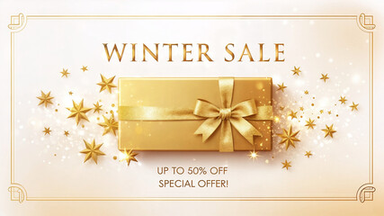Winter sale event offering discounts on various items with a gift box and stars shown on a light background