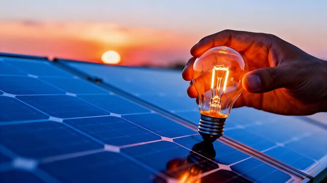 A hand holding a glowing light bulb over blue solar panels with a vibrant sunset in the background, symbolizing renewable energy and sustainability.