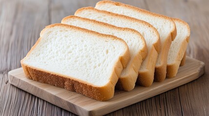 Freshly sliced soft bread arranged on natural wooden board with warm lighting ambiance