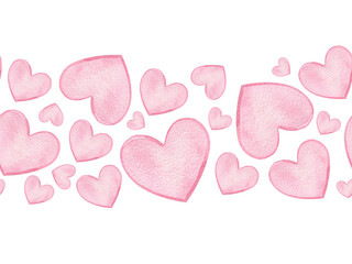 Fototapeta premium Watercolor seamless border with pink hearts. Cute horizontal banner for Valentine's Day. Festive design and frame. Ribbon, tape, scrapbooking. Valentine's Day, romantic design for girls.