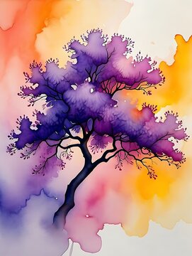 Vibrant purple tree with colorful watercolor background