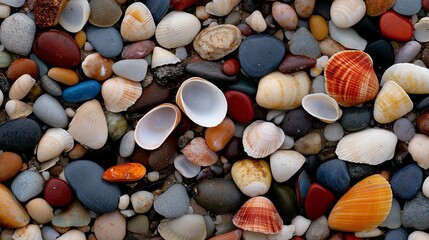 Scattered shells and stones creating calming seaside atmosphere for diverse projects