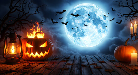 Spooky Night's Eve: A jack-o'-lantern burns brightly under a full moon, with bats, candles, a lantern and pumpkins create a haunted Halloween atmosphere.